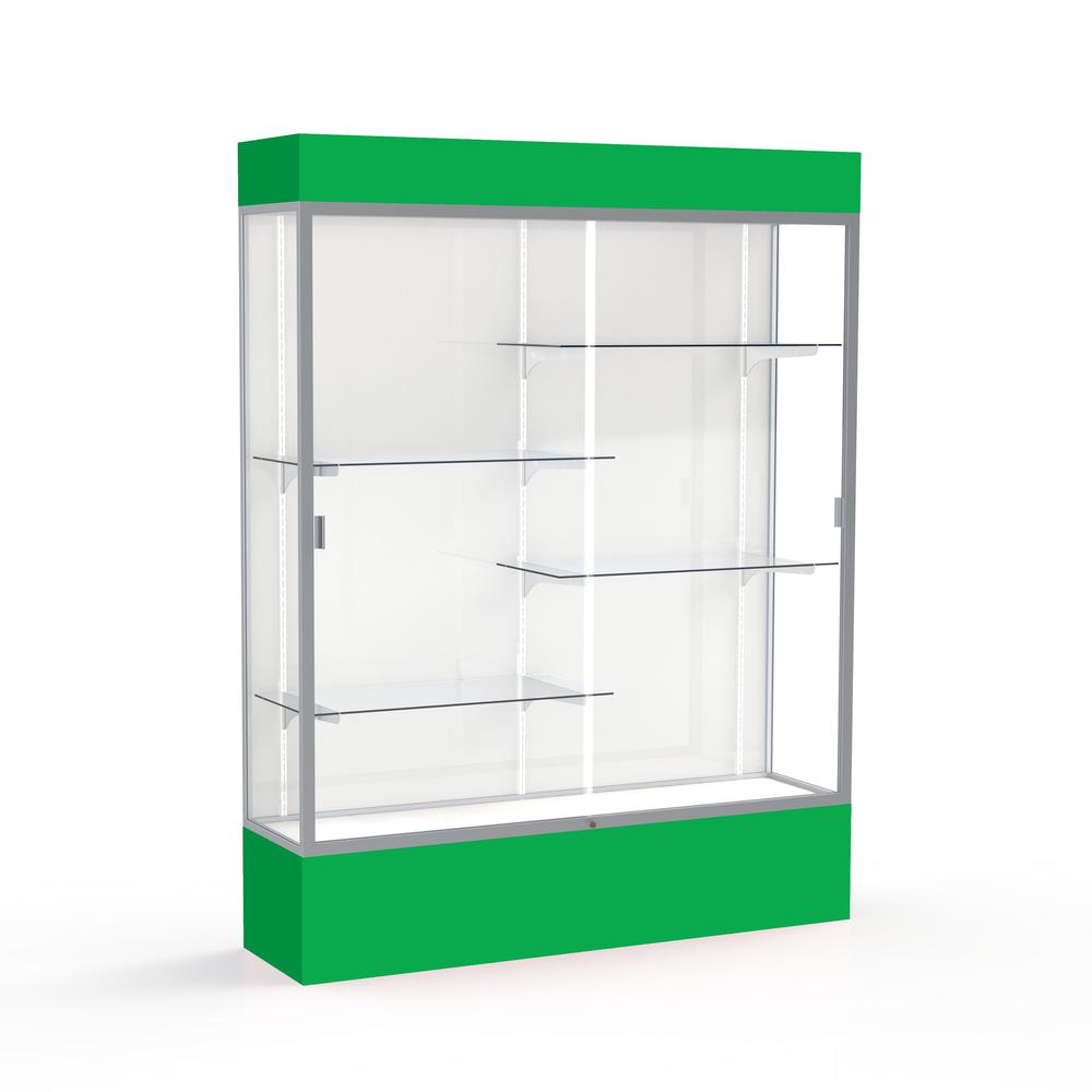 Spirit  60"W x 80"H x 16"D  Lighted Floor Case, White Back, Satin Finish, Kelly Green Base and Top