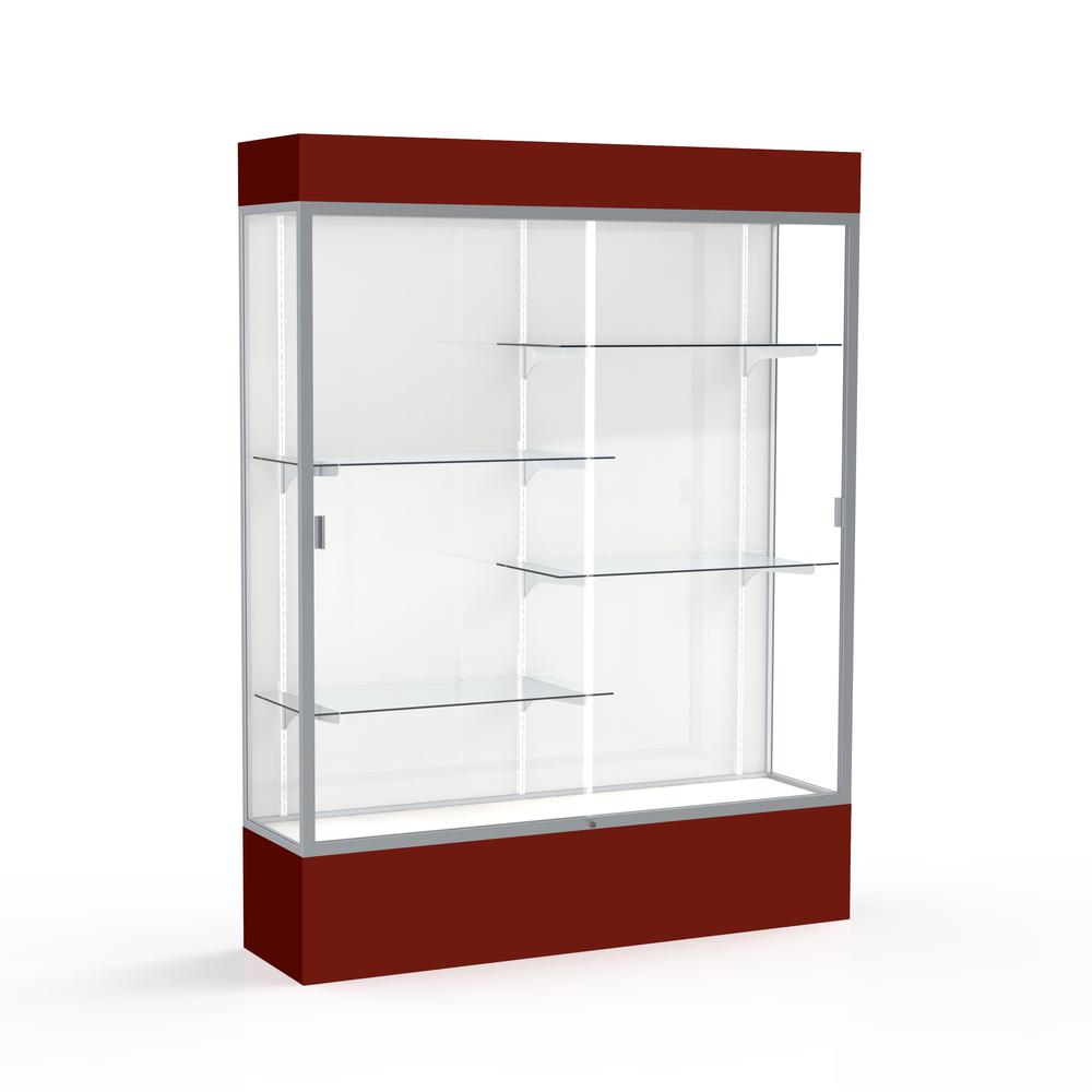 Spirit  60"W x 80"H x 16"D  Lighted Floor Case, White Back, Satin Finish, Maroon Base and Top