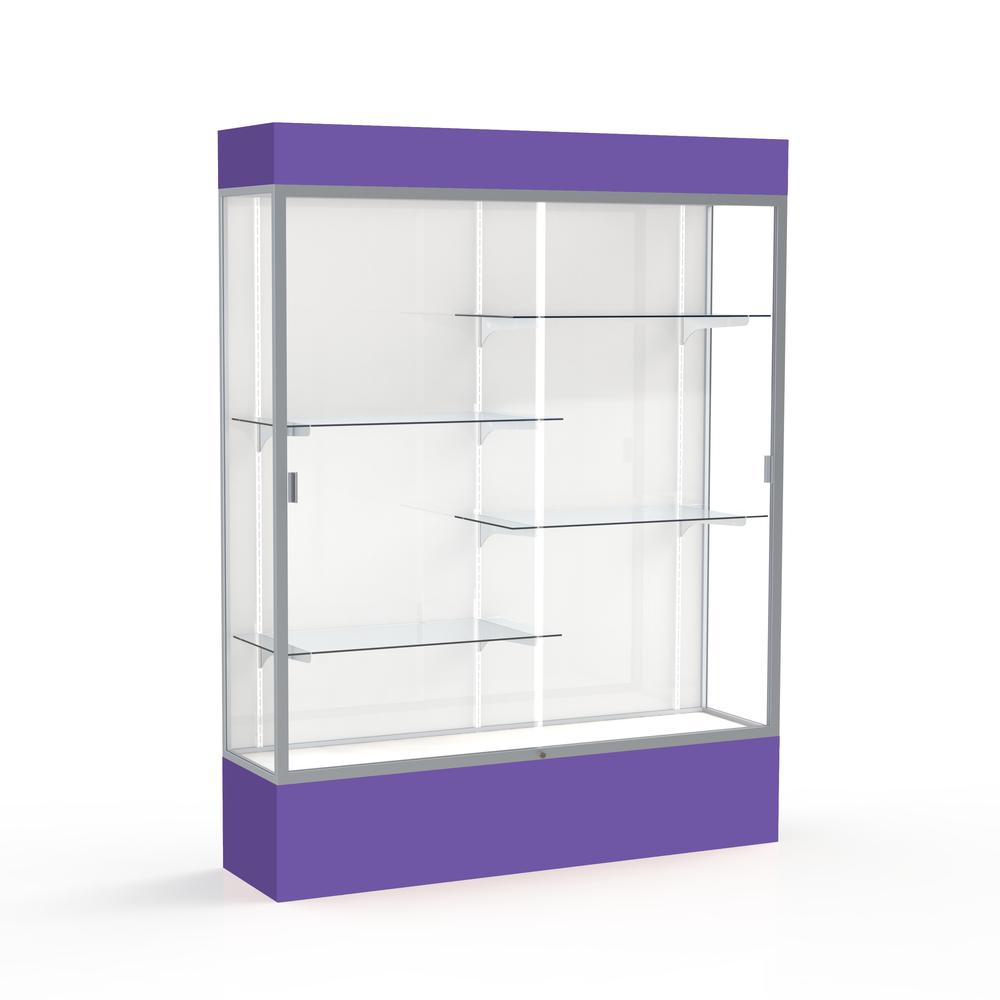 Spirit  60"W x 80"H x 16"D  Lighted Floor Case, White Back, Satin Finish, Purple Base and Top