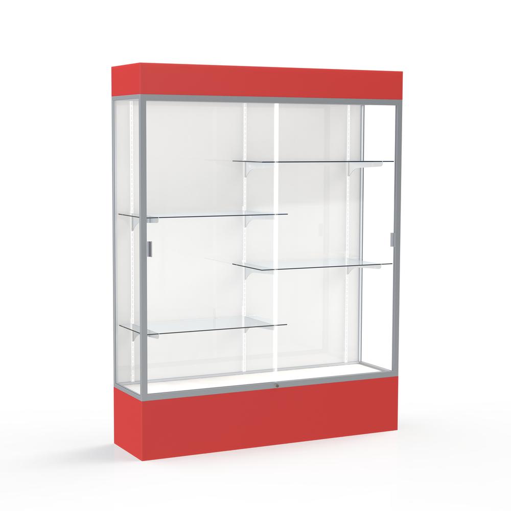 Spirit  60"W x 80"H x 16"D  Lighted Floor Case, White Back, Satin Finish, Red Base and Top