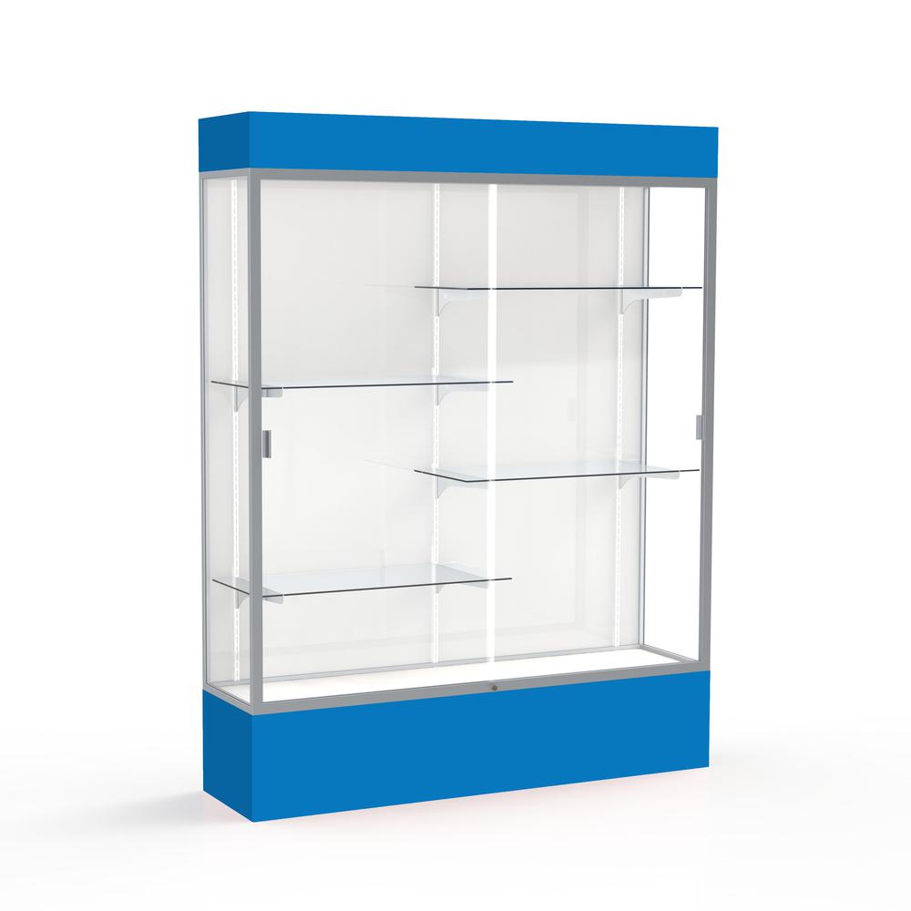 Spirit  60"W x 80"H x 16"D  Lighted Floor Case, White Back, Satin Finish, Royal Blue Base and Top