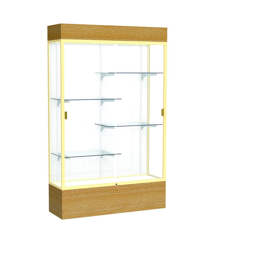 Reliant   48"W x 80"H x 16"D  Lighted Floor Case, White Back, Champagne Finish,  Natural Oak Base