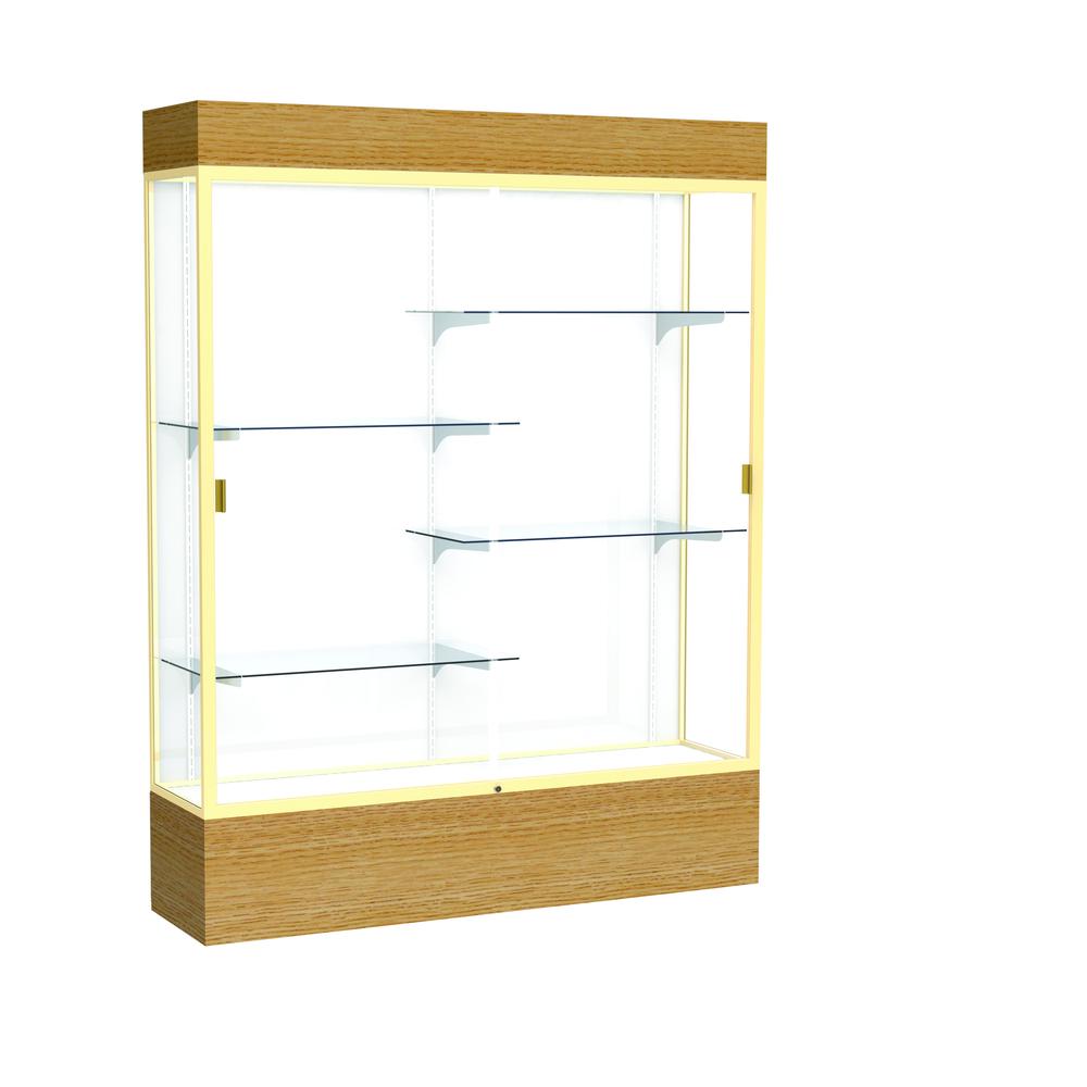 Reliant   60"W x 80"H x 16"D  Lighted Floor Case, White Back, Champagne Finish,  Natural Oak Base