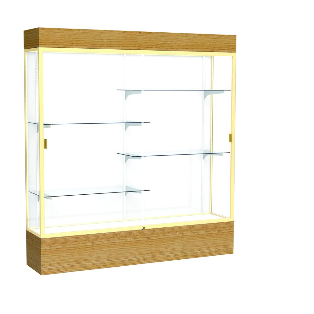 Reliant   72"W x 80"H x 16"D  Lighted Floor Case, White Back, Champagne Finish,  Natural Oak Base