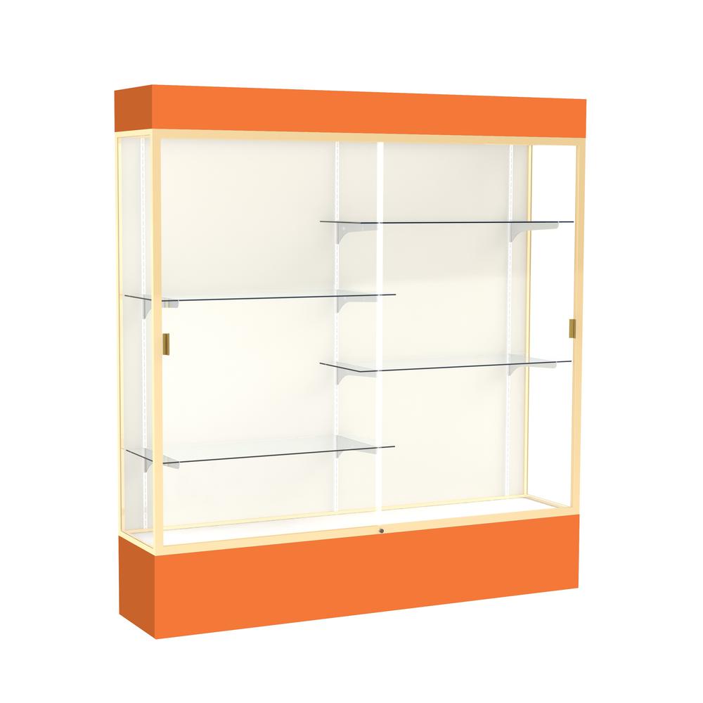 Spirit  72"W x 80"H x 16"D  Lighted Floor Case, Plaque Back, Champagne Finish, Orange Base and Top