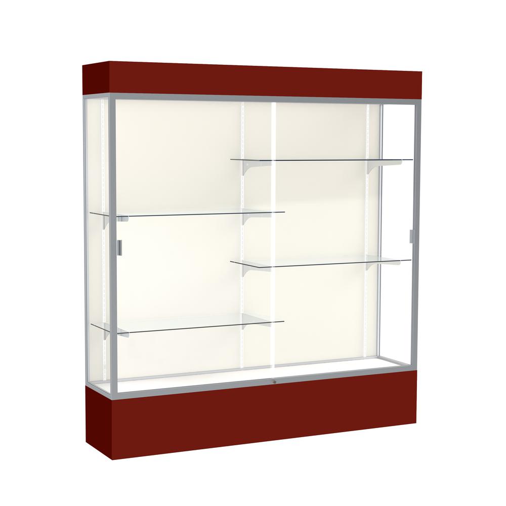 Spirit  72"W x 80"H x 16"D  Lighted Floor Case, Plaque Back, Satin Finish, Maroon Base and Top