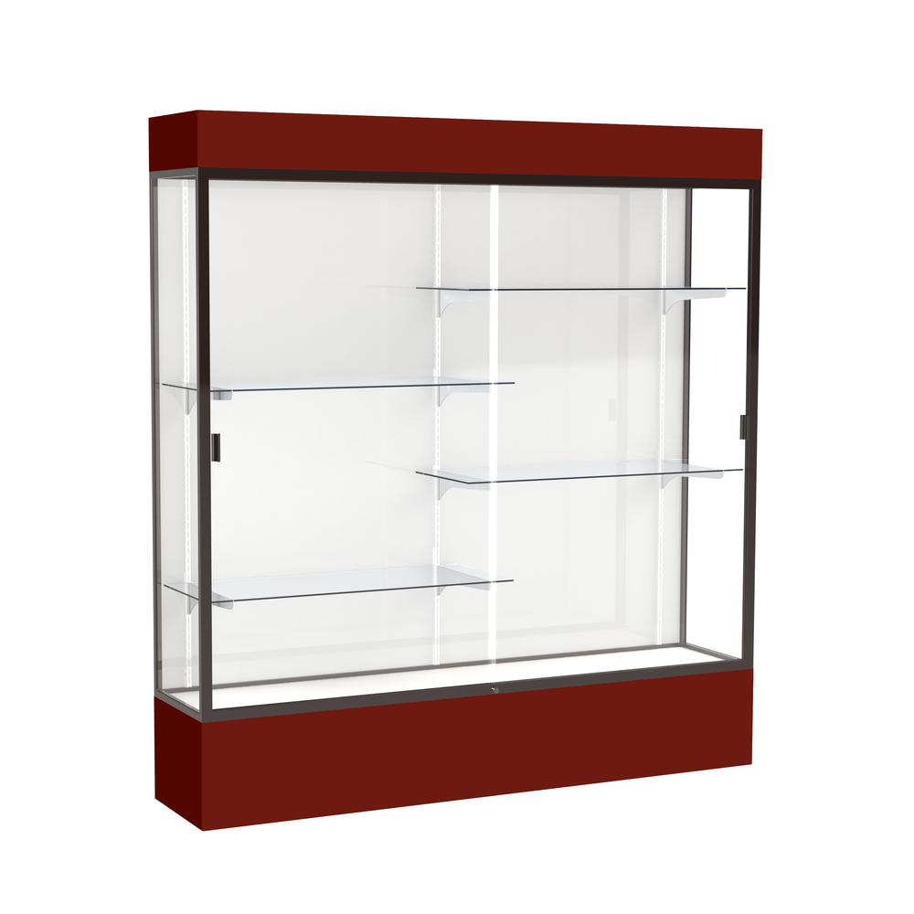 Spirit  72"W x 80"H x 16"D  Lighted Floor Case, White Back, Dk. Bronze Finish, Maroon Base and Top