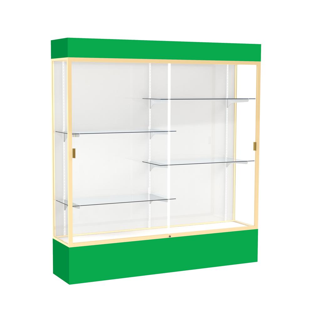 Spirit  72"W x 80"H x 16"D  Lighted Floor Case, White Back, Champagne Finish, Kelly Green Base and Top