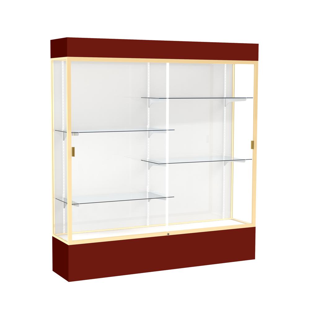 Spirit  72"W x 80"H x 16"D  Lighted Floor Case, White Back, Champagne Finish, Maroon Base and Top