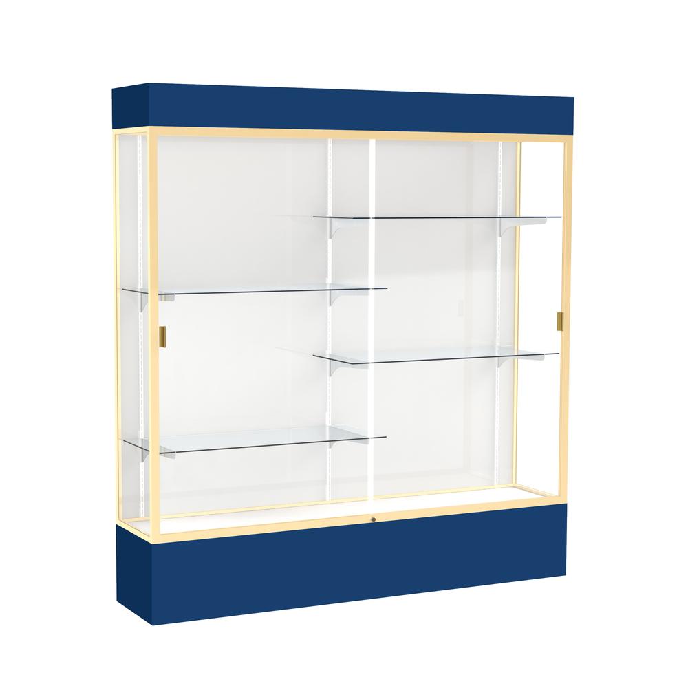 Spirit  72"W x 80"H x 16"D  Lighted Floor Case, White Back, Champagne Finish, Navy Base and Top