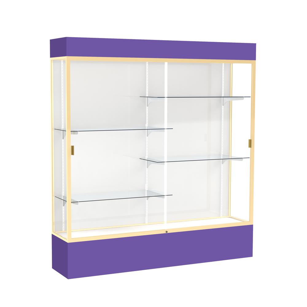 Spirit  72"W x 80"H x 16"D  Lighted Floor Case, White Back, Champagne Finish, Purple Base and Top