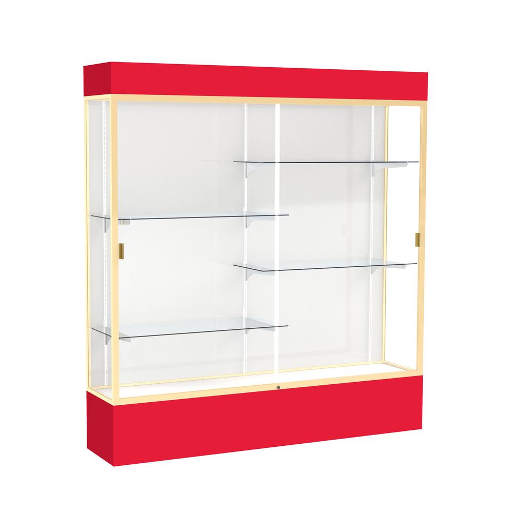 Spirit  72"W x 80"H x 16"D  Lighted Floor Case, White Back, Champagne Finish, Red Base and Top