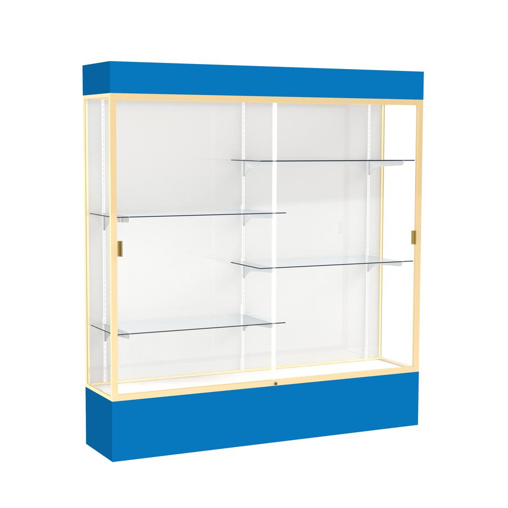 Spirit  72"W x 80"H x 16"D  Lighted Floor Case, White Back, Champagne Finish, Royal Blue Base and Top