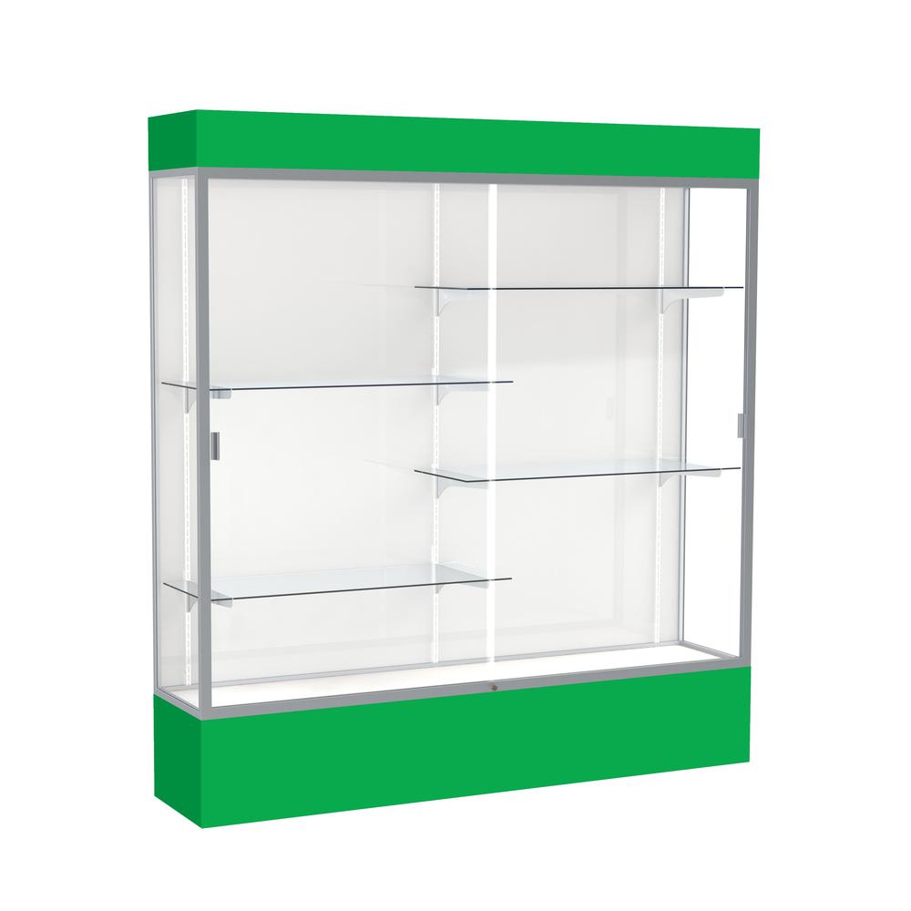 Spirit  72"W x 80"H x 16"D  Lighted Floor Case, White Back, Satin Finish, Kelly Green Base and Top