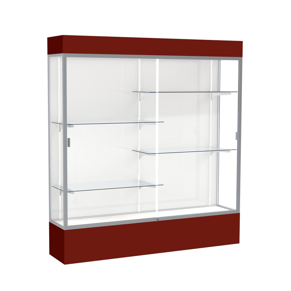 Spirit  72"W x 80"H x 16"D  Lighted Floor Case, White Back, Satin Finish, Maroon Base and Top