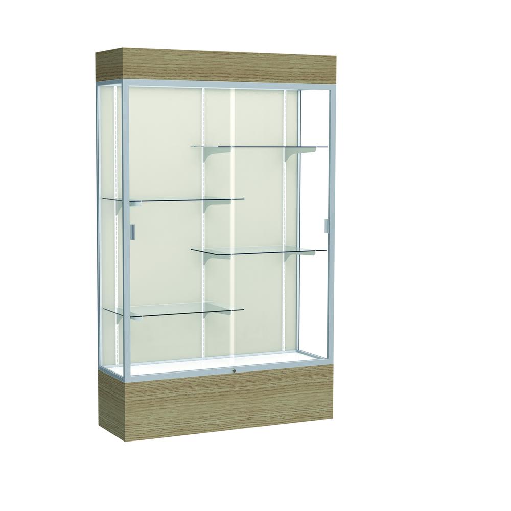 Reliant   48"W x 80"H x 16"D  Lighted Floor Case, Plaque Back, Satin Finish,  Driftwood Base