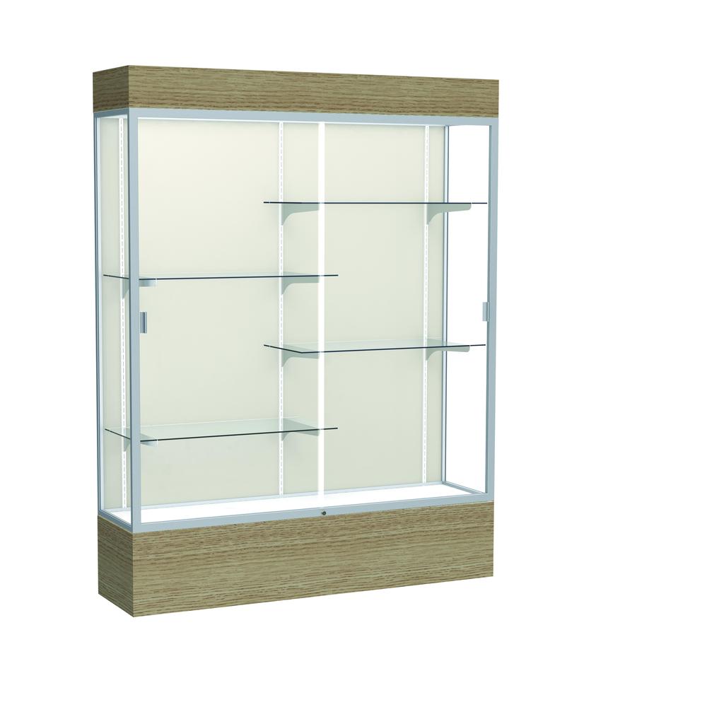 Reliant   60"W x 80"H x 16"D  Lighted Floor Case, Plaque Back, Satin Finish,  Driftwood Base