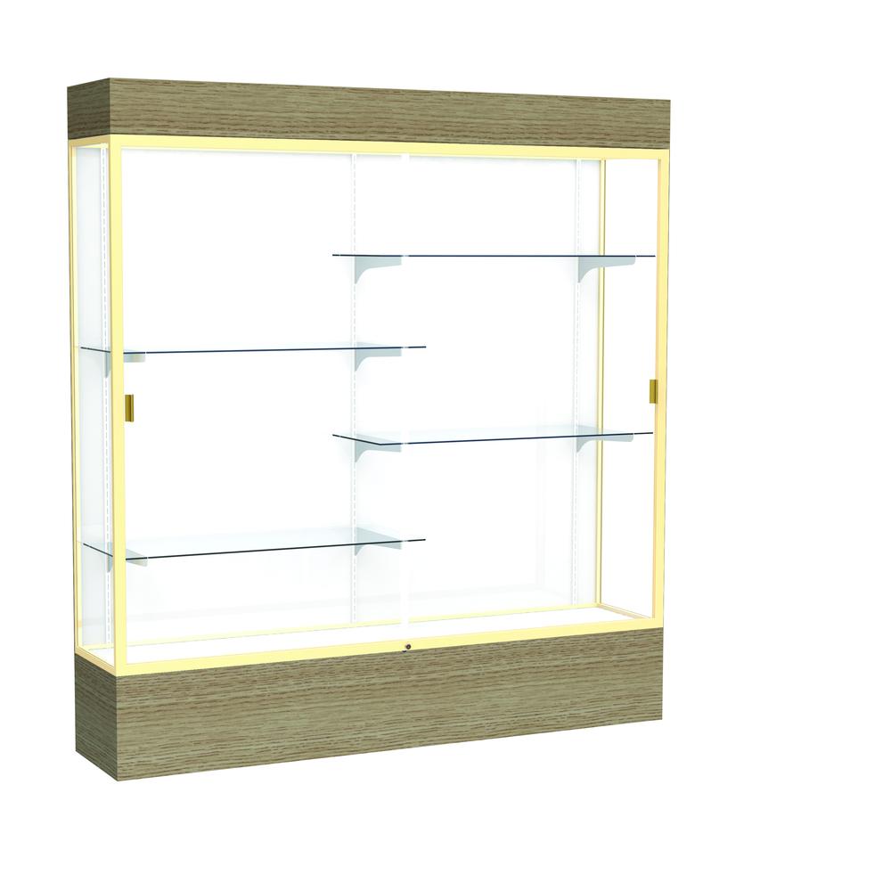 Reliant   72"W x 80"H x 16"D  Lighted Floor Case, White Back, Champagne Finish,  Driftwood Base