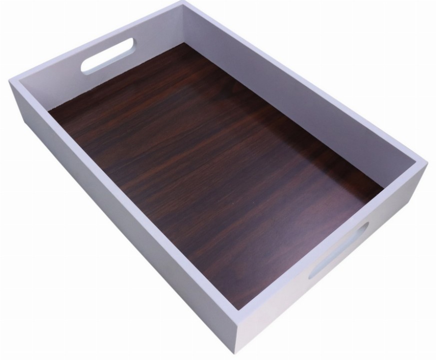 Rectangular White Serving Tray with Wood Grain Inlay Interior