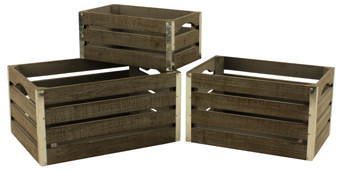 Set of 3 Gray-wash Wood Crates