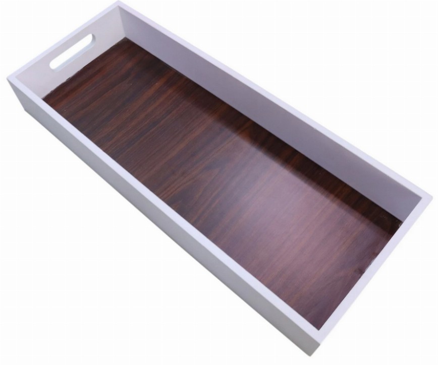 Small Rectangular White Serving Tray with Wood Grain Inlay Interior