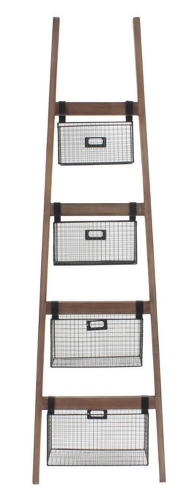 Wall Ladder Shelf & Bookcase with Wire Storage Baskets