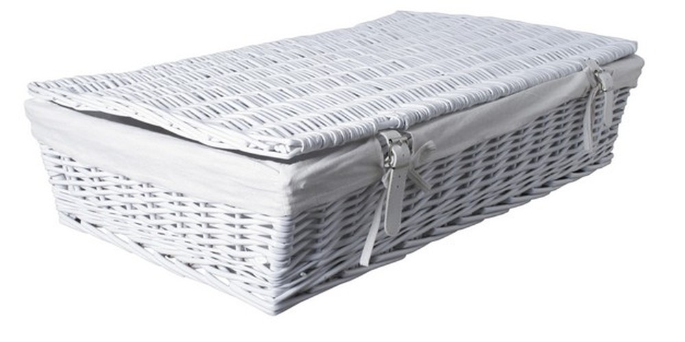 White Under Bed Willow Storage Container with Lid, Cloth Liner and Closure Straps