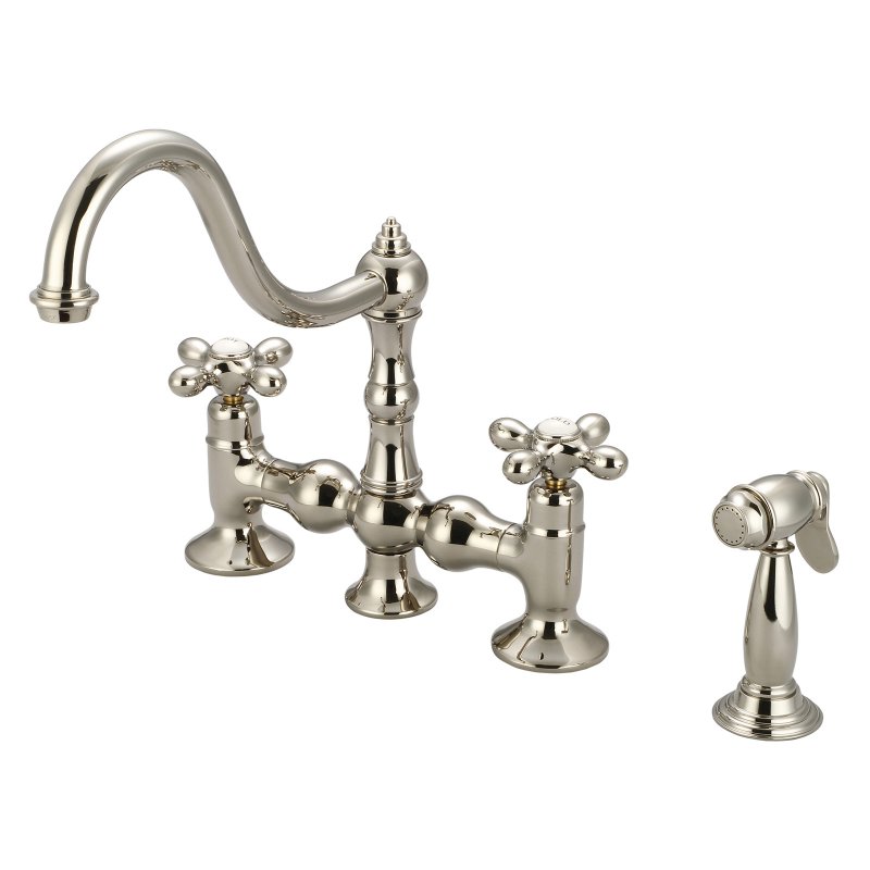Bridge Style Kitchen Faucet With Solid Brass Side Spray To Match, Polished Nickel Pvd Finish