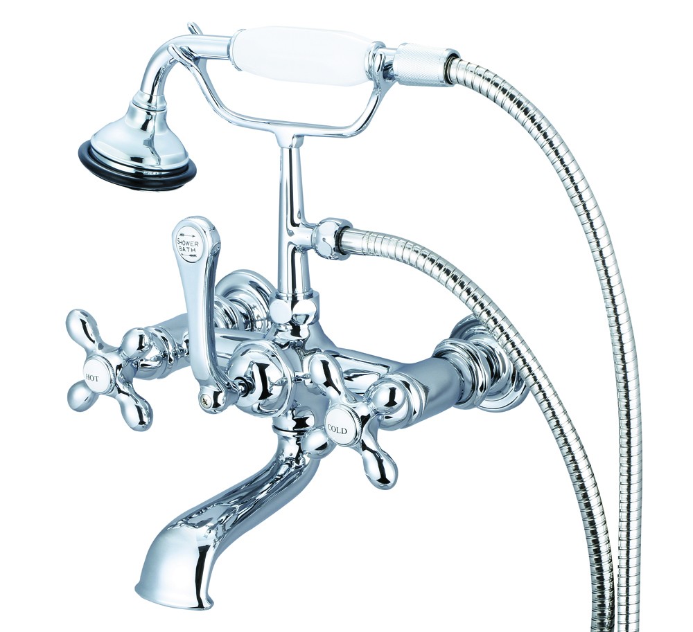 7" Spread Wall Mount Tub Faucet With Straight Wall Connector & Handheld Shower, Hand P