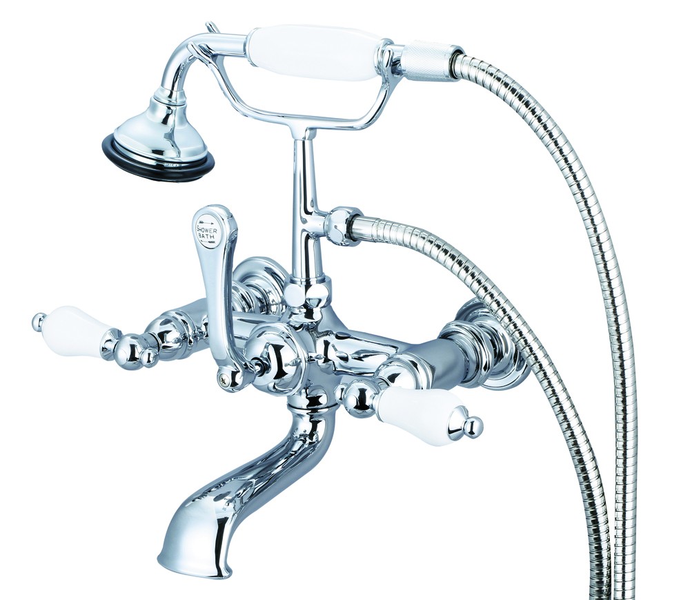 7" Spread Wall Mount Tub Faucet With Straight Wall Connector & Handheld Shower, Hand P