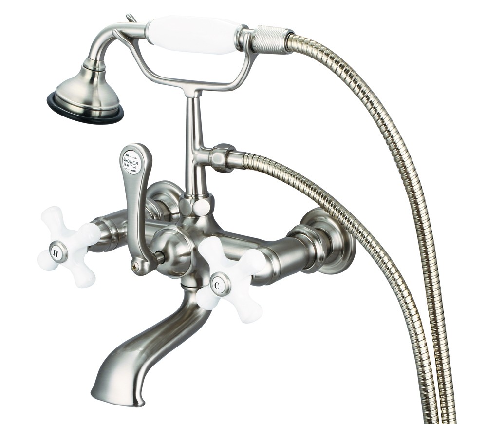 7" Spread Wall Mount Tub Faucet With Straight Wall Connector & Handheld Shower, Brushe