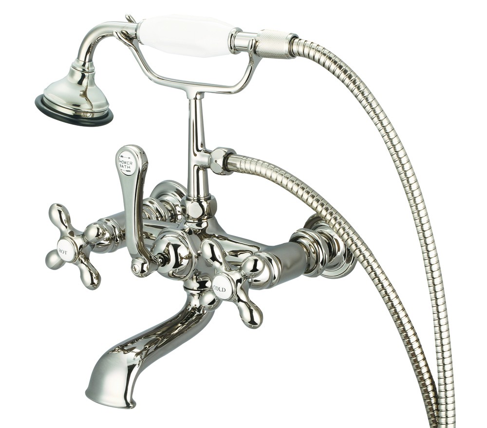 7" Spread Wall Mount Tub Faucet With Straight Wall Connector & Handheld Shower, Polish
