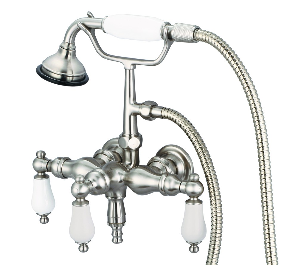 3-3/8" Center Wall Mount Tub Faucet With Down Spout, Straight Wall Connector & Handhel