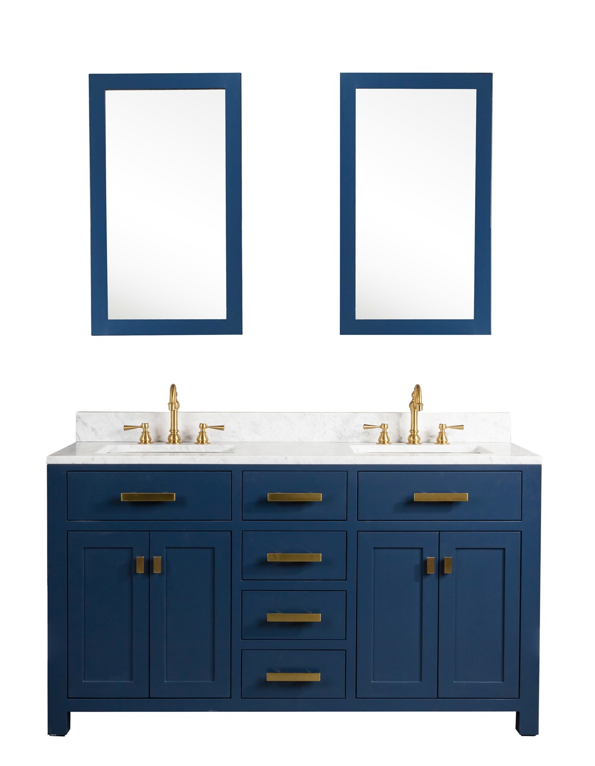Madison 60-Inch Double Sink Carrara White Marble Vanity In Monarch BlueWith Matching Mirror(s)