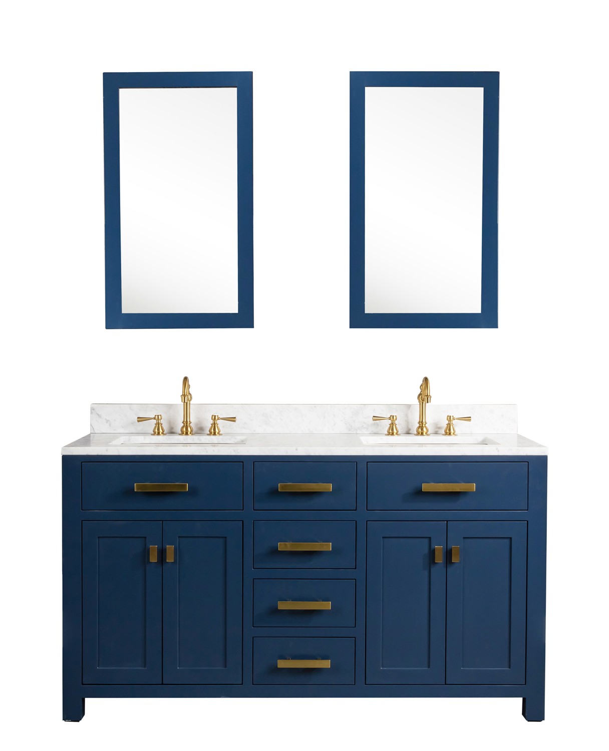 Madison 60-Inch Double Sink Carrara White Marble Vanity In Monarch BlueWith F2-0012-06-TL Lavatory Faucet(s)