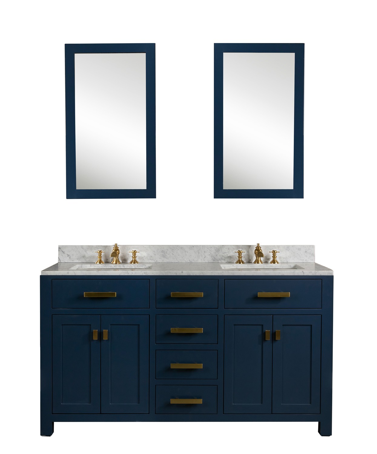 Madison 60-Inch Double Sink Carrara White Marble Vanity In Monarch BlueWith F2-0013-06-FX Lavatory Faucet(s)