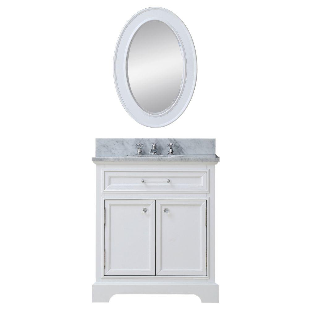 24 Inch Pure White Single Sink Bathroom Vanity With Matching Framed Mirror And Faucet From The Derby Collection