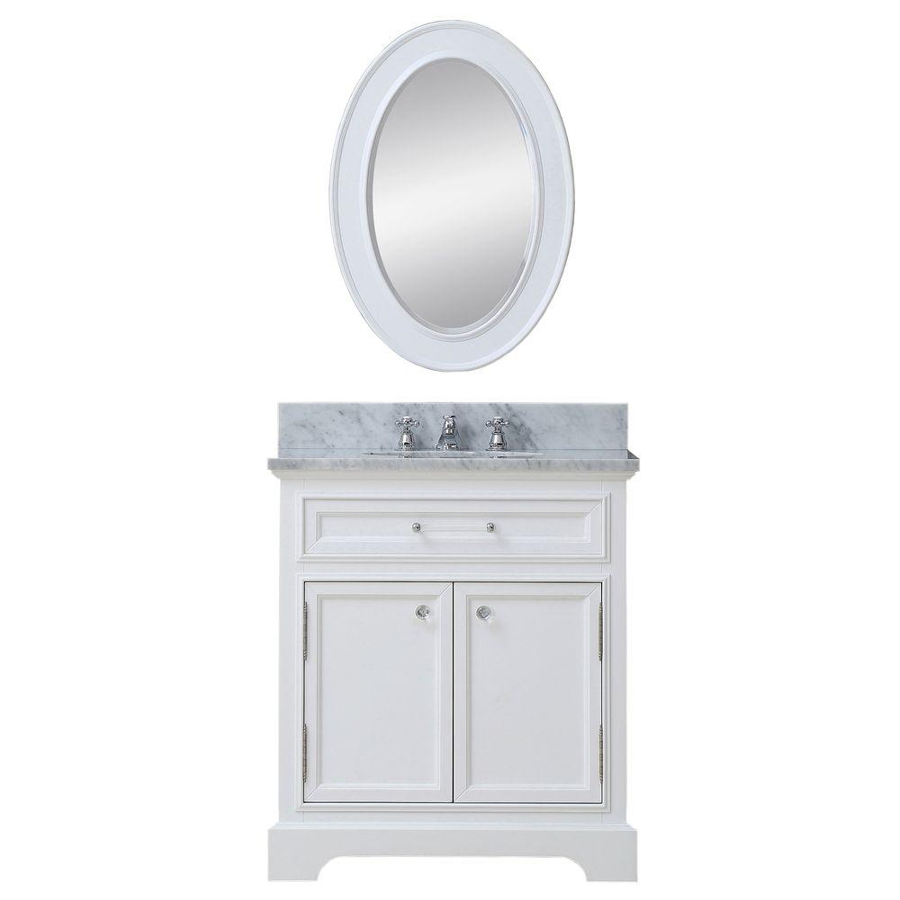 30 Inch Pure White Single Sink Bathroom Vanity With Matching Framed Mirror And Faucet From The Derby Collection