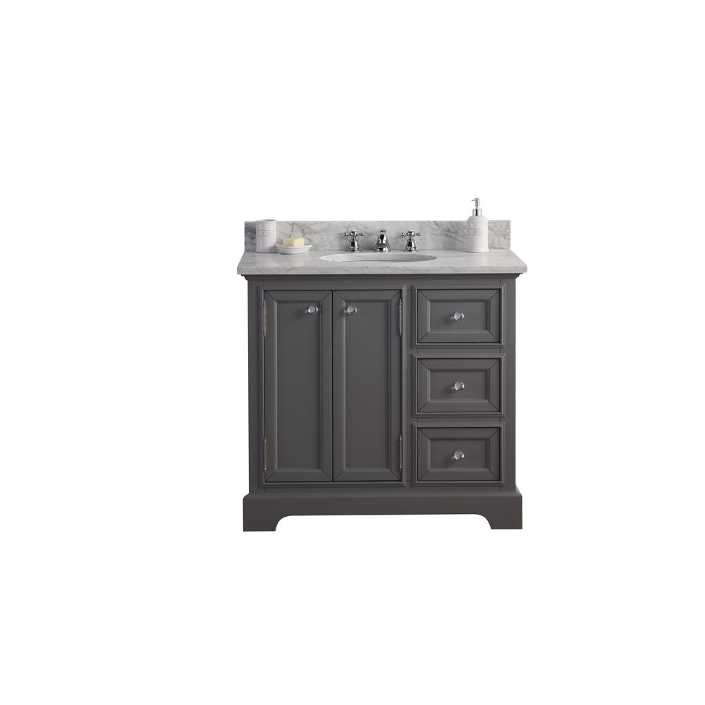 36 Inch Wide Cashmere Grey Single Sink Carrara Marble Bathroom Vanity From The Derby Collection