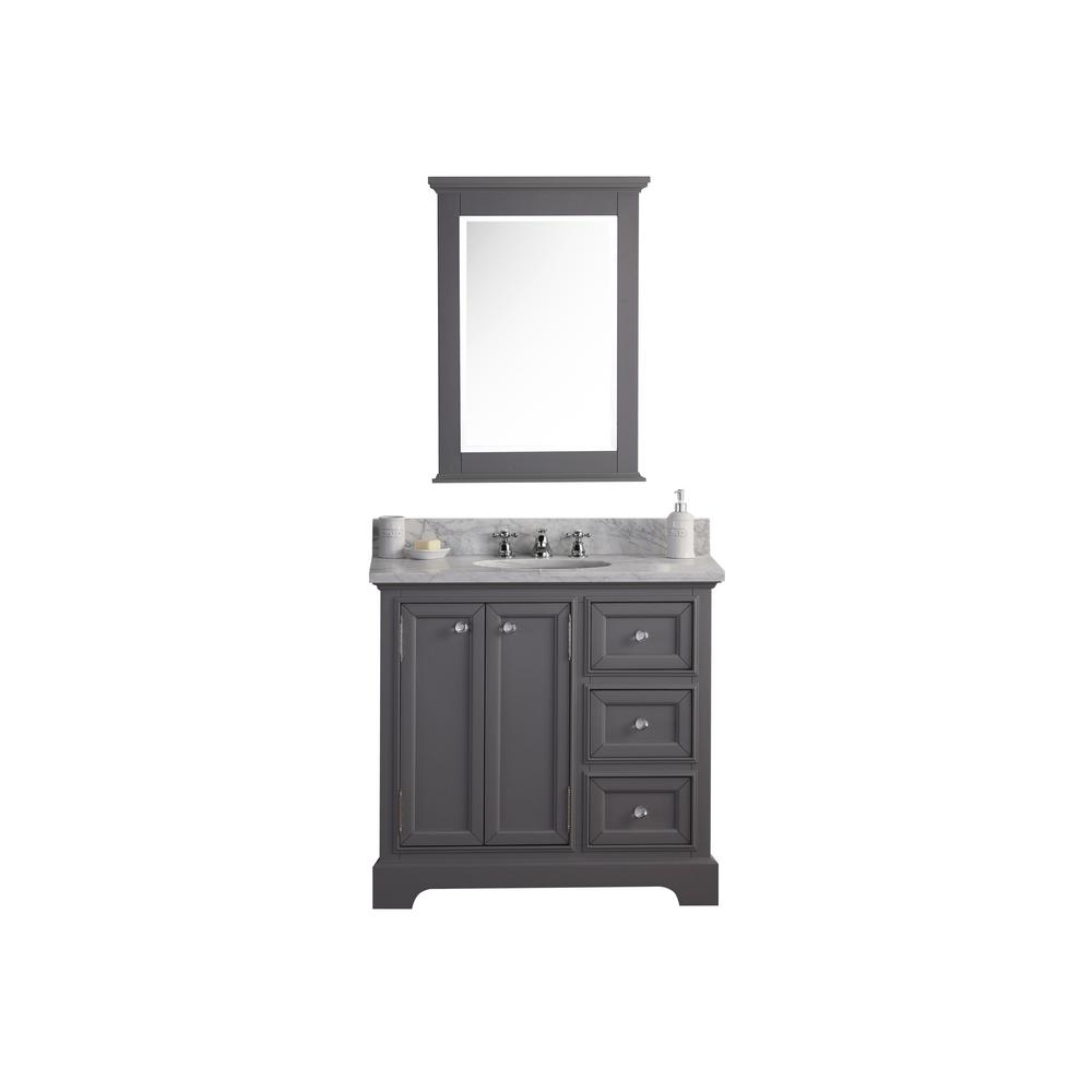 36 Inch Wide Cashmere Grey Single Sink Carrara Marble Bathroom Vanity With Matching Mirror From The Derby Collection