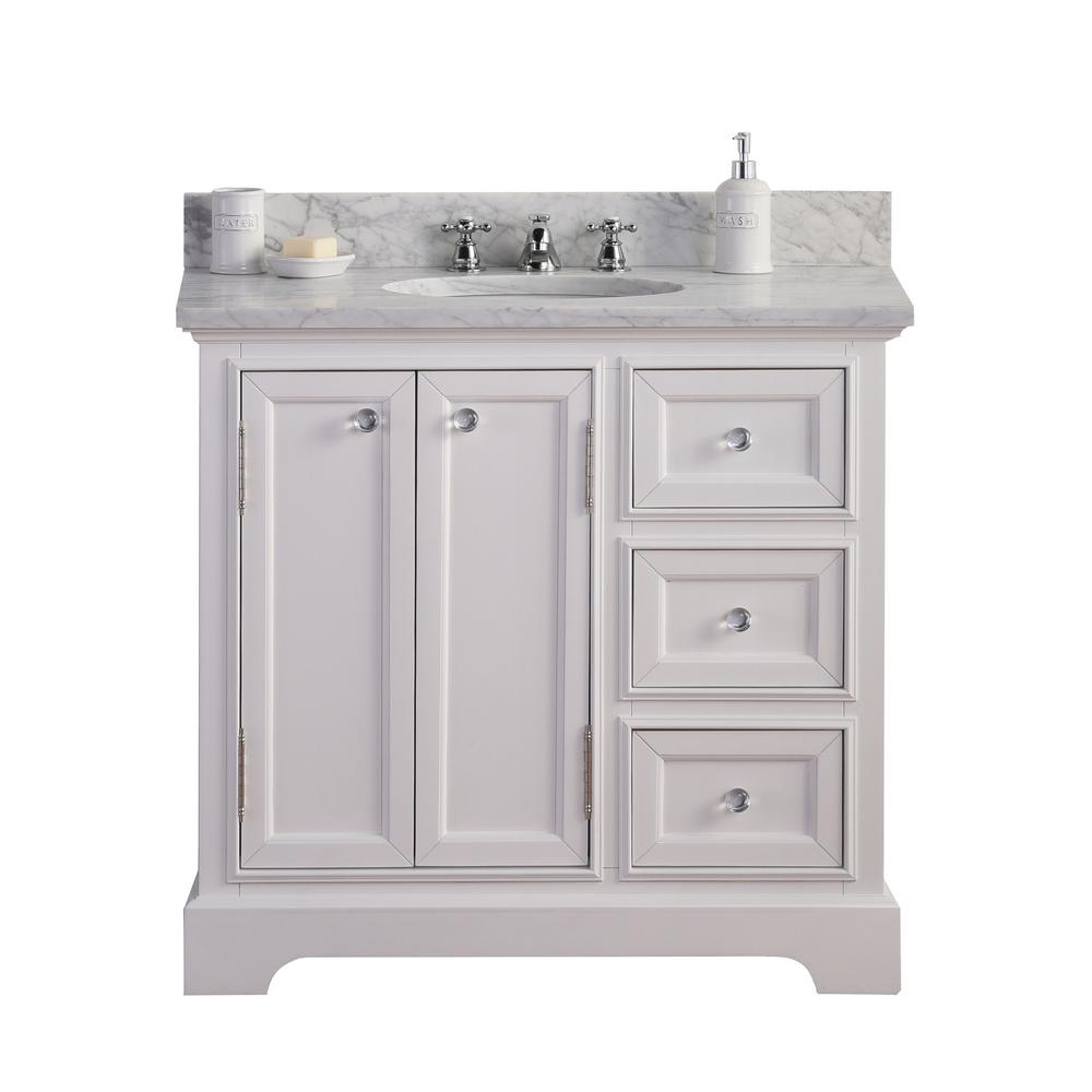 36 Inch Wide Pure White Single Sink Carrara Marble Bathroom Vanity With Faucets From The Derby Collection