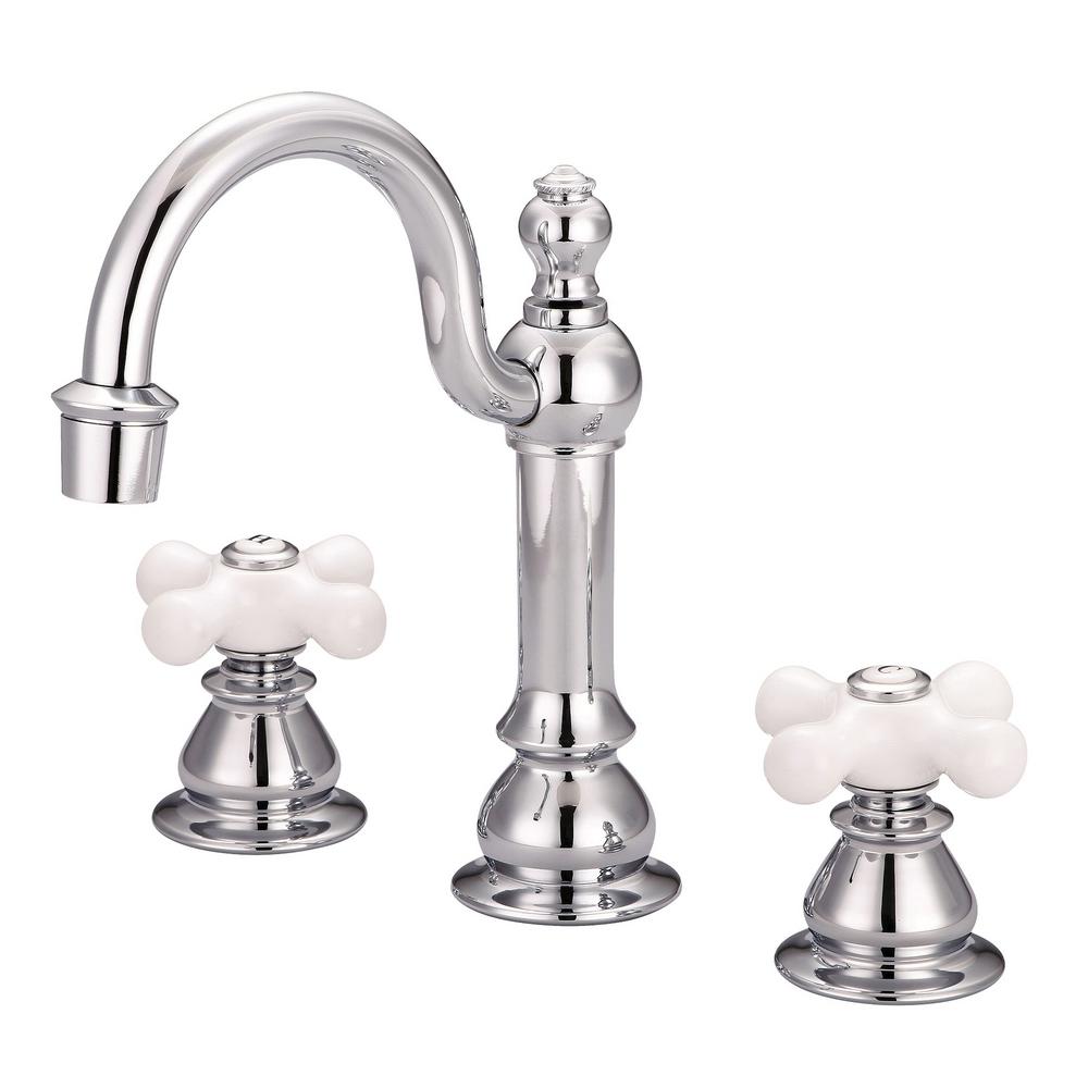 American 20th Century Classic Widespread Lavatory F2-0012 Faucets With Pop-Up Drain in Chrome Finish With Porcelain Cross Handle