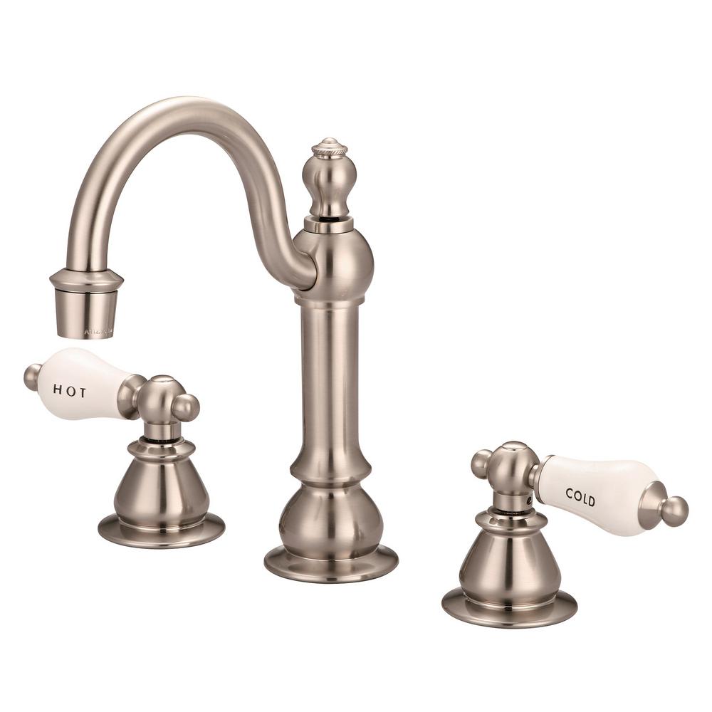 American 20th Century Classic Widespread Lavatory F2-0012 Faucets With Pop-Up Drain in Brushed Nickel Finish With Porcelain Leve