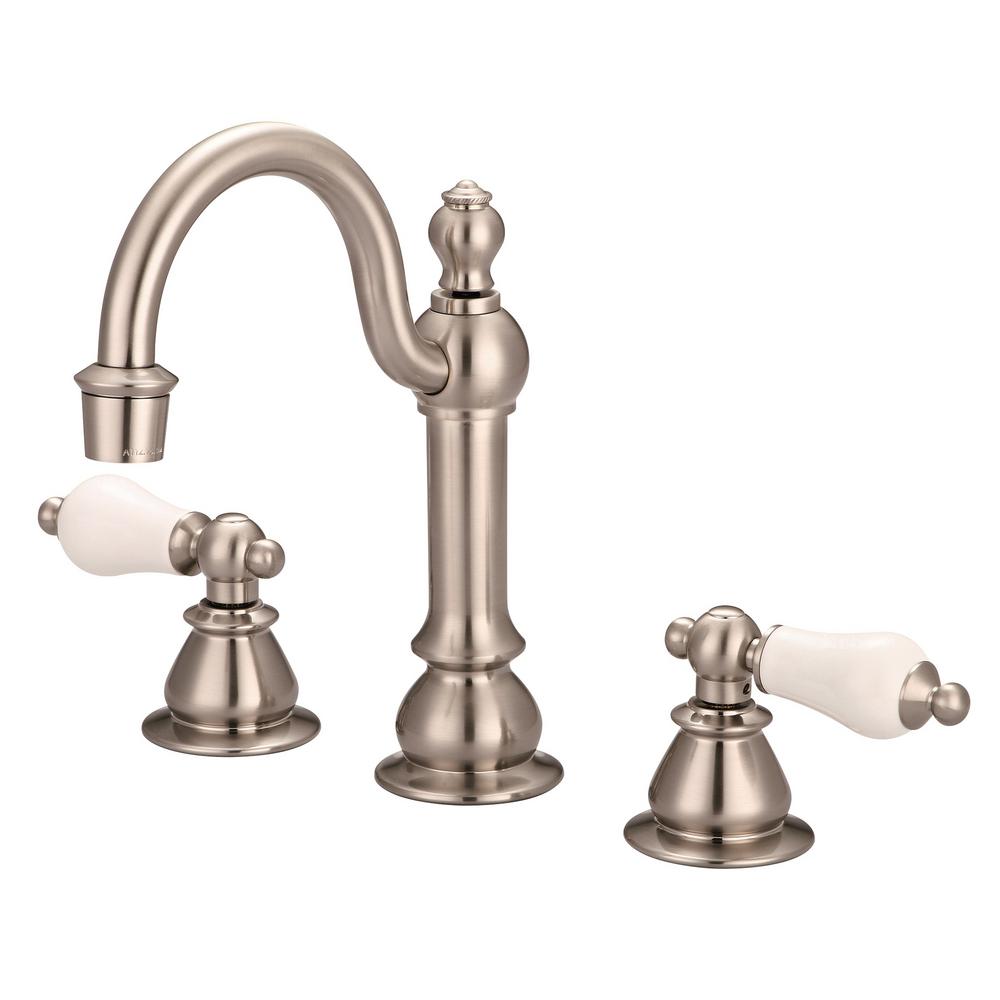 American 20th Century Classic Widespread Lavatory F2-0012 Faucets With Pop-Up Drain in Brushed Nickel Finish With Porcelain Leve