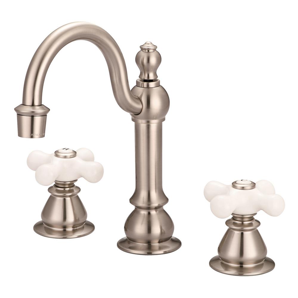 American 20th Century Classic Widespread Lavatory F2-0012 Faucets With Pop-Up Drain in Brushed Nickel Finish With Porcelain Cros