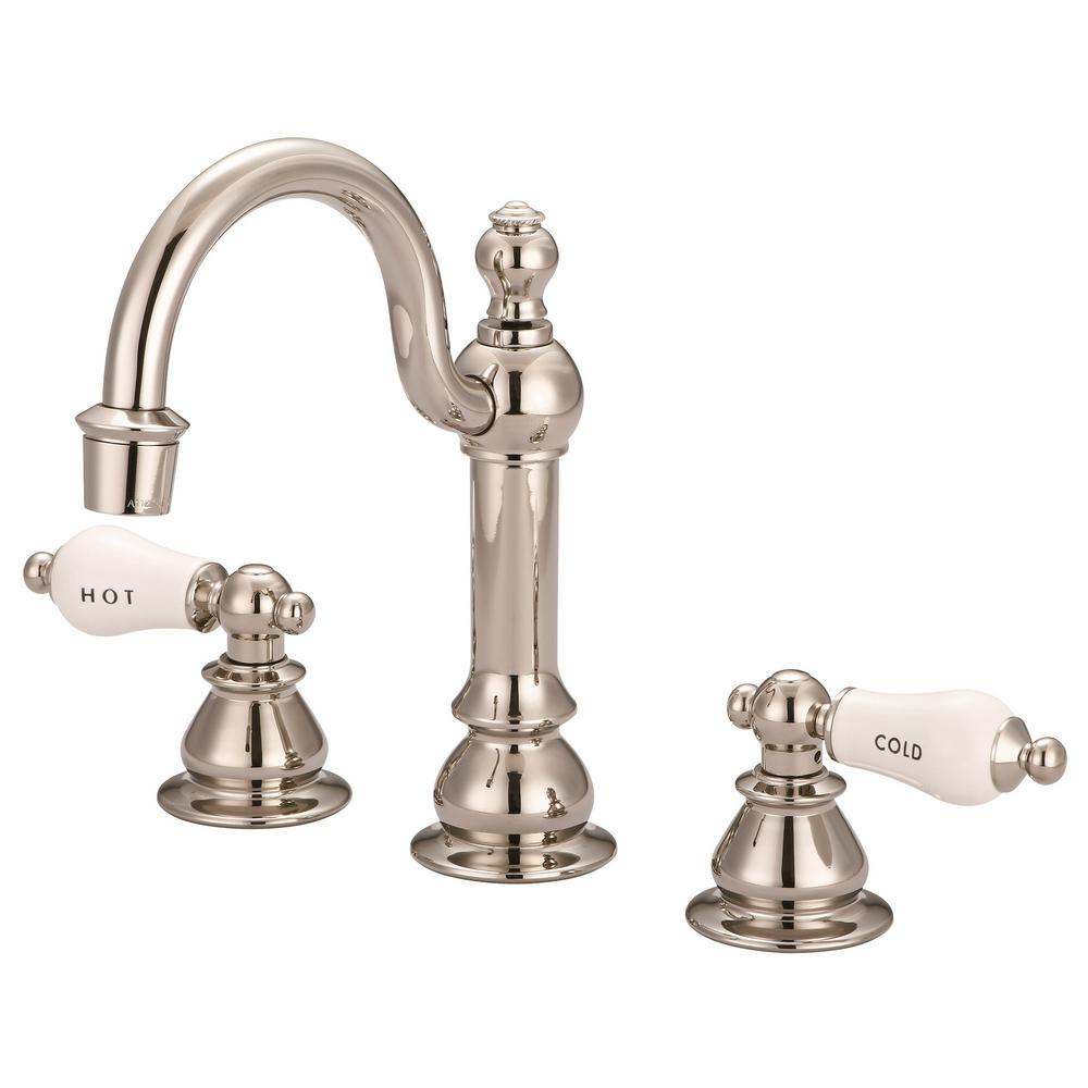 American 20th Century Classic Widespread Lavatory F2-0012 Faucets With Pop-Up Drain in Polished Nickel (PVD) Finish With Porcela