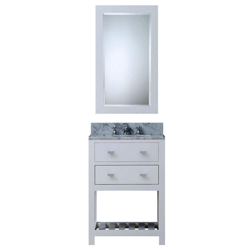 24 Inch Pure White Single Sink Bathroom Vanity With Matching Framed Mirror And Faucet From The Madalyn Collection