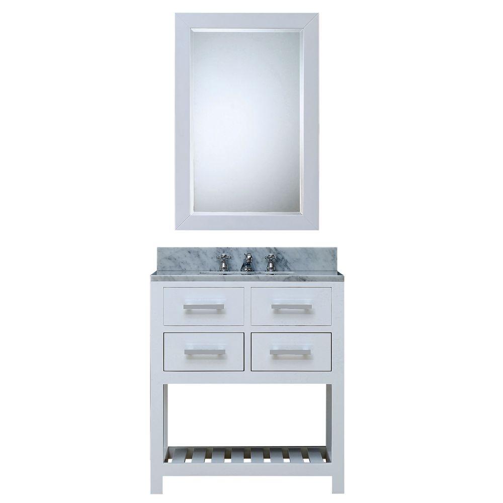 30 Inch Pure White Single Sink Bathroom Vanity With Matching Framed Mirror And Faucet From The Madalyn Collection