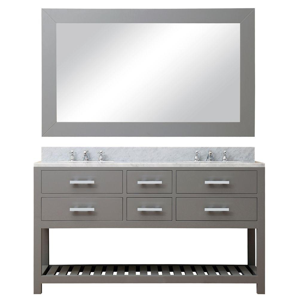60 Inch Cashmere Grey Double Sink Bathroom Vanity With Matching Framed Mirror From The Madalyn Collection