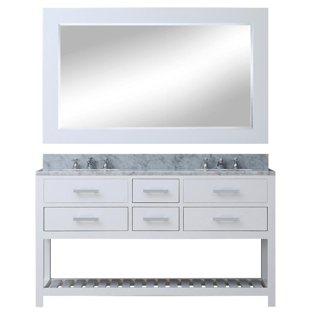 60 Inch Pure White Double Sink Bathroom Vanity With Matching Framed Mirror From The Madalyn Collection